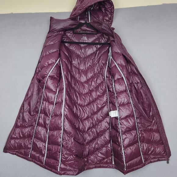 Calvin Klein Down Puffer Jacket Womens Medium Purple Hooded Packable Long Coat - Picture 11 of 16